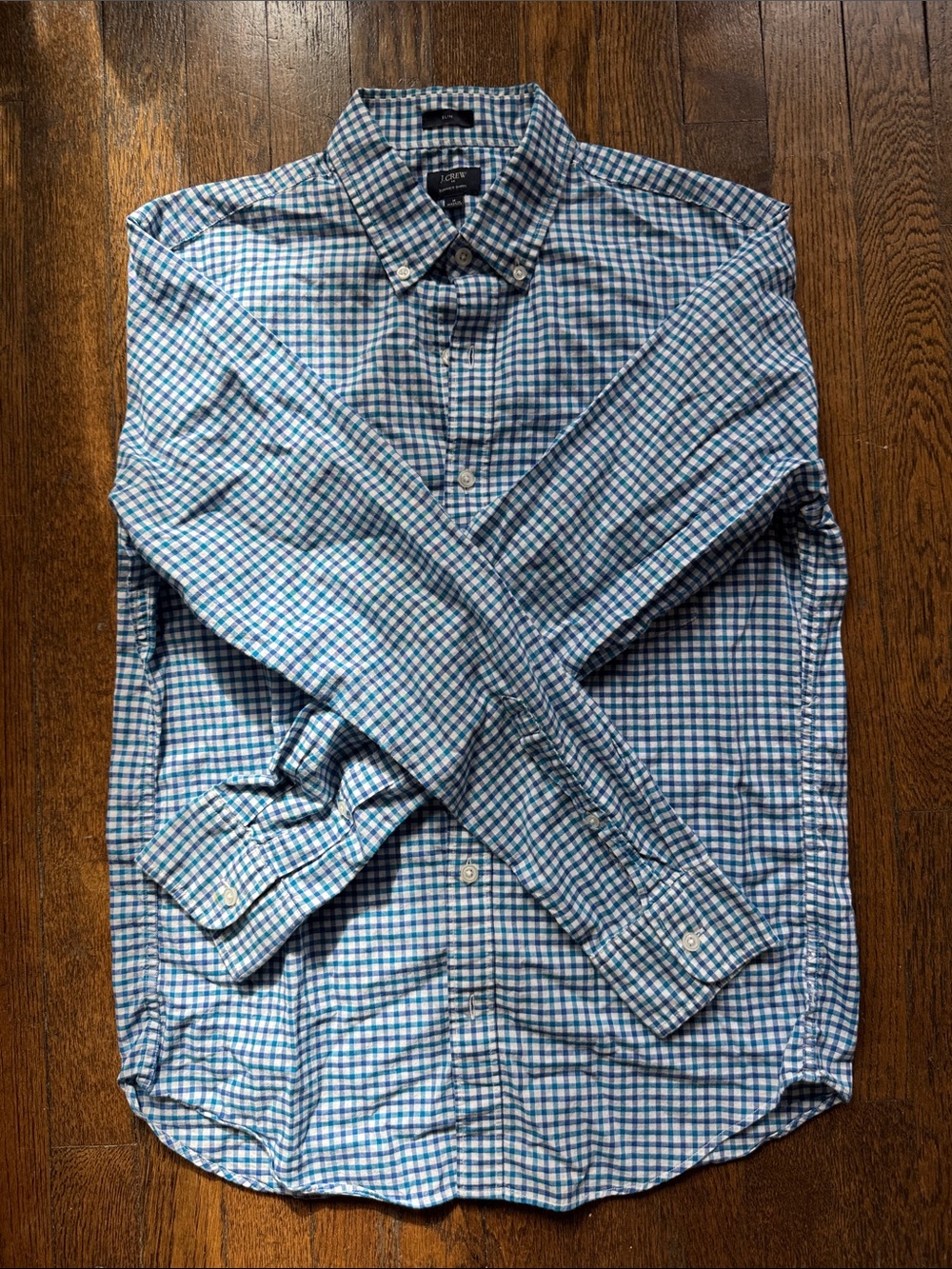 J. Crew Factory Blue and White Gingham Button-Down Shirt